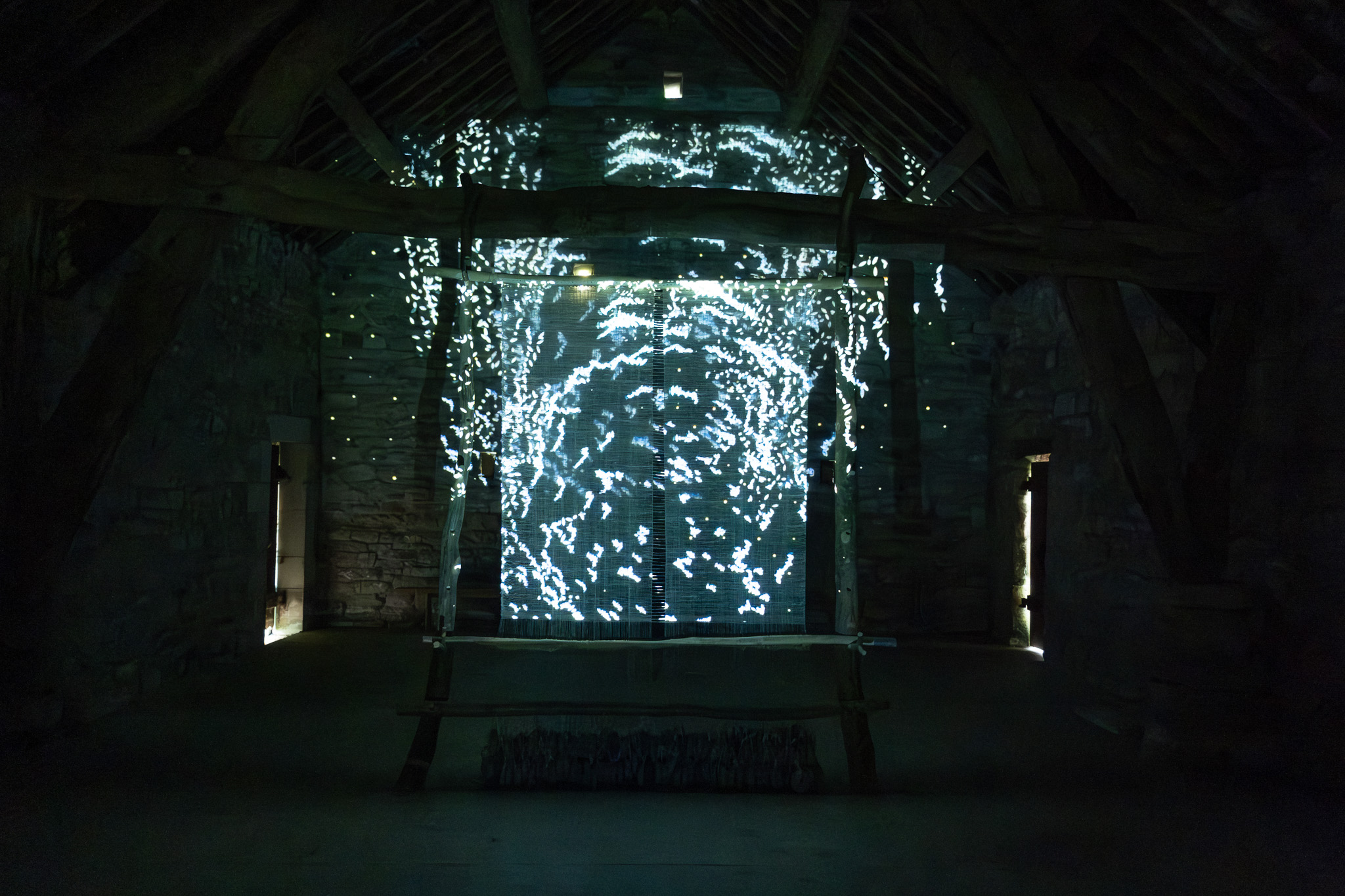 Christine Borland's Projection Cloth installed inside The Cruck Barn during BTB23