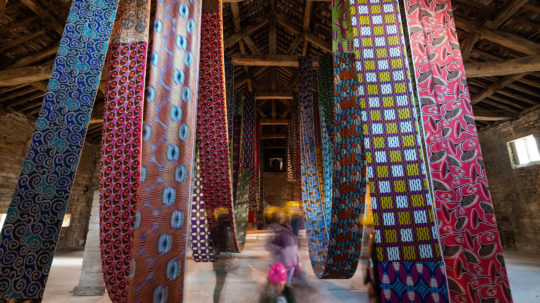 Lubaina Himid's Lost Threads installed in Gawthorpe Hall's Great Barn.