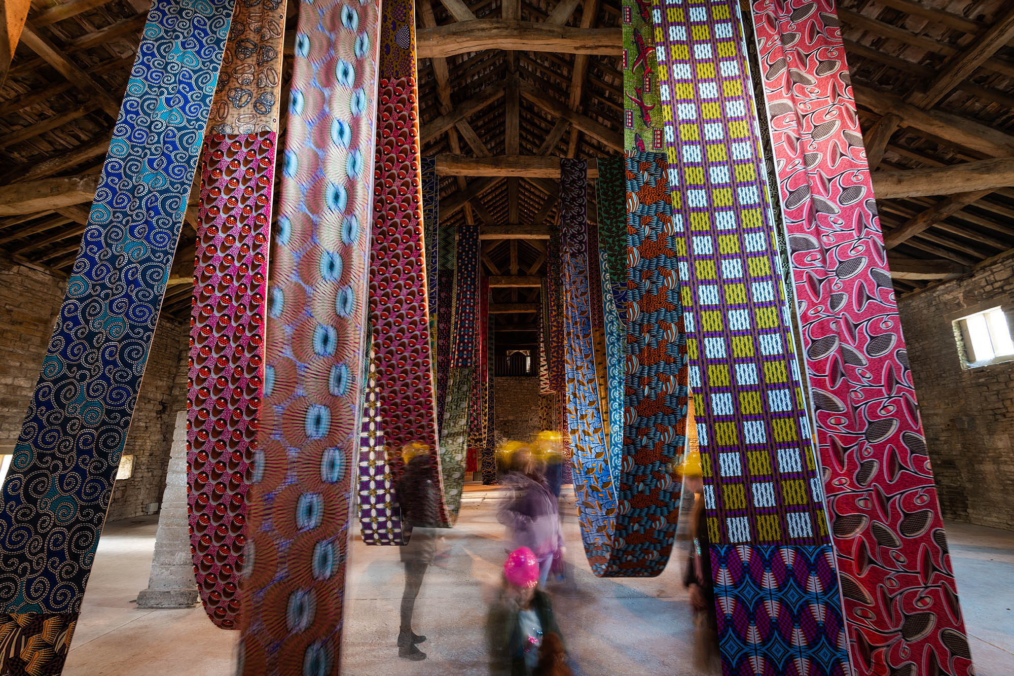 Lubaina Himid's Lost Threads installed in Gawthorpe Hall's Great Barn.