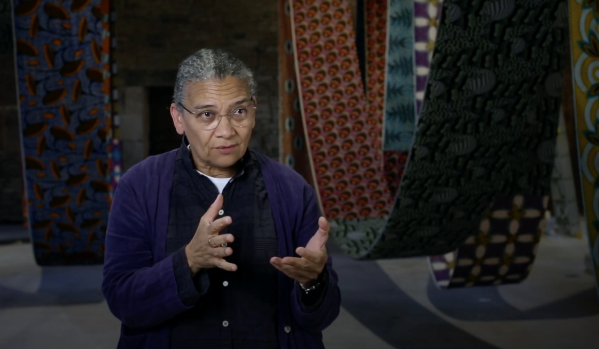 Lubaina Himid being interviewed about her work 'Lost Threads'